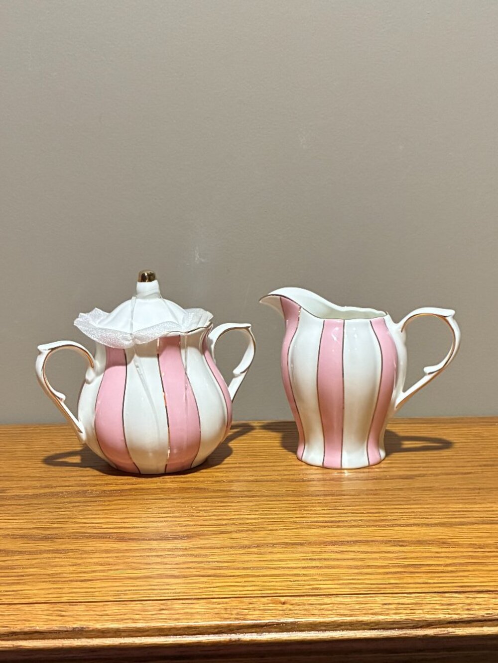 Grace Teaware Fine Porcelain Pink and White Striped Creamer and Sugar Bowl - New